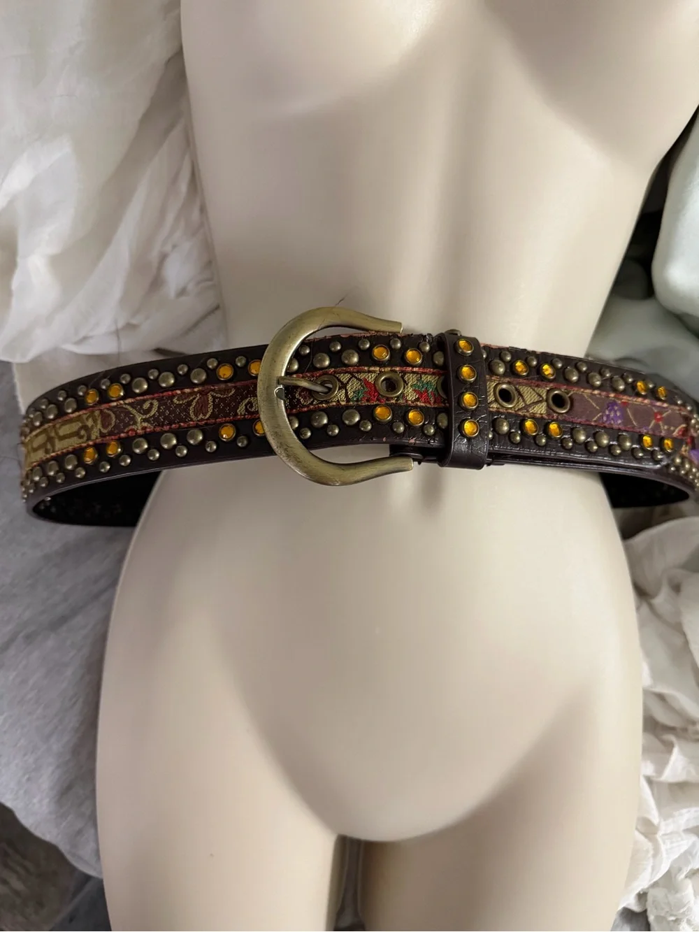 Y2K Boho Studded Rhinestone Tapestry Wide Belt Brown Size M